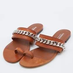 Burberry Brown Leather Heidi Toe Ring Flats Slides Size 37