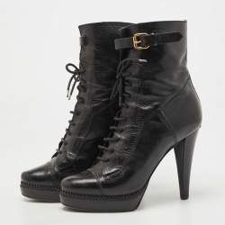 مملوكة مسبقًا Burberry Black Leather Platform Lace Up Booties Size 38