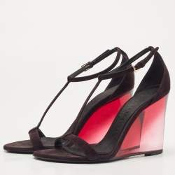 Pre Owned Burberry Plum Suede T Strap Wedge Sandals Size  37