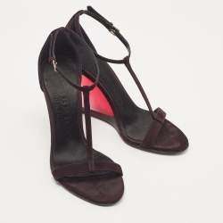 Pre Owned Burberry Plum Suede T Strap Wedge Sandals Size  37