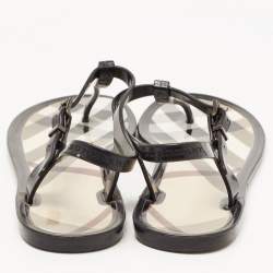 مملوكة مسبقًا Burberry Black Nova Check PVC Thong Ankle Strap Flats Size 41