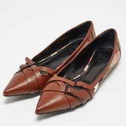 Burberry Brown/Beige House Check Canvas and Leather Buckle Ballet Flats Size 38