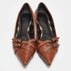 Burberry Brown/Beige House Check Canvas and Leather Buckle Ballet Flats Size 38