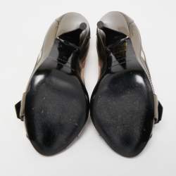 Pre Owned Burberry Metallic Grey  Leather and House Check Canvas Buckle Peep Toe Pumps Size 36