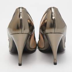 Pre Owned Burberry Metallic Grey  Leather and House Check Canvas Buckle Peep Toe Pumps Size 36