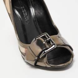 Pre Owned Burberry Metallic Grey  Leather and House Check Canvas Buckle Peep Toe Pumps Size 36