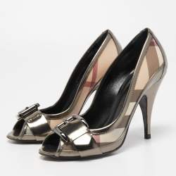 Pre Owned Burberry Metallic Grey  Leather and House Check Canvas Buckle Peep Toe Pumps Size 36