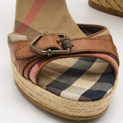 Burberry Brown Leather and Nova Check Canvas Buckle Detail Espadrille Wedge Sandals Size 40