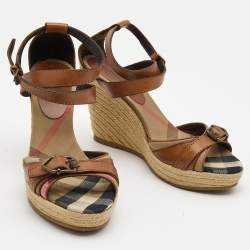 Burberry Brown Leather and Nova Check Canvas Buckle Detail Espadrille Wedge Sandals Size 40