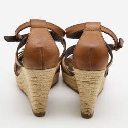 Burberry Brown Leather and Nova Check Canvas Buckle Detail Espadrille Wedge Sandals Size 40