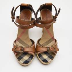 Burberry Brown Leather and Nova Check Canvas Buckle Detail Espadrille Wedge Sandals Size 40