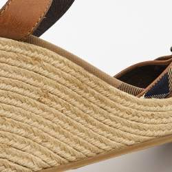 Burberry Brown Leather and Nova Check Canvas Buckle Detail Espadrille Wedge Sandals Size 40