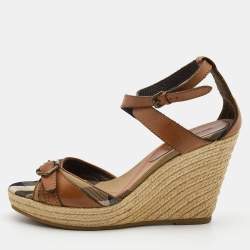 Burberry Brown Leather and Nova Check Canvas Buckle Detail Espadrille Wedge Sandals Size 40