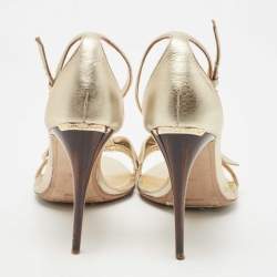 Pre Owned Burberry  Metallic Gold Leather Bow Ankle Strap Sandals Size 38.5