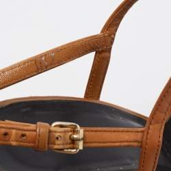 Pre Owned Burberry Brown Leather and Nova Check Canvas Espadrille Wedge Ankle Strap Sandals Size 37