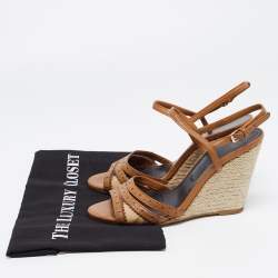 Pre Owned Burberry Brown Leather and Nova Check Canvas Espadrille Wedge Ankle Strap Sandals Size 37