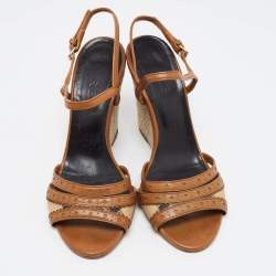 Pre Owned Burberry Brown Leather and Nova Check Canvas Espadrille Wedge Ankle Strap Sandals Size 37