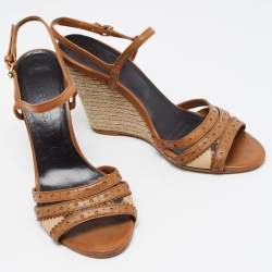 Pre Owned Burberry Brown Leather and Nova Check Canvas Espadrille Wedge Ankle Strap Sandals Size 37