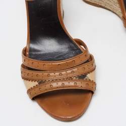 Pre Owned Burberry Brown Leather and Nova Check Canvas Espadrille Wedge Ankle Strap Sandals Size 37