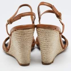 Pre Owned Burberry Brown Leather and Nova Check Canvas Espadrille Wedge Ankle Strap Sandals Size 37