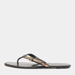 Pre Owned Burberry Beige/Black Nova Check Canvas and Leather Buckle Thong Flats Size 39