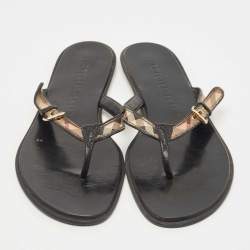Pre Owned Burberry Beige/Black Nova Check Canvas and Leather Buckle Thong Flats Size 39
