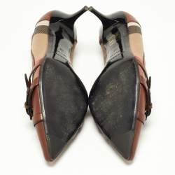Pre Owned Burberry Brown/Beige House Check Canvas and Leather Pointed Toe Buckle Pumps Size 38