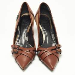 Pre Owned Burberry Brown/Beige House Check Canvas and Leather Pointed Toe Buckle Pumps Size 38