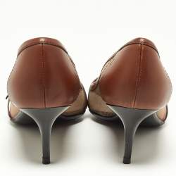 Pre Owned Burberry Brown/Beige House Check Canvas and Leather Pointed Toe Buckle Pumps Size 38