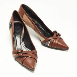 Pre Owned Burberry Brown/Beige House Check Canvas and Leather Pointed Toe Buckle Pumps Size 38