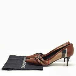 Pre Owned Burberry Brown/Beige House Check Canvas and Leather Pointed Toe Buckle Pumps Size 38