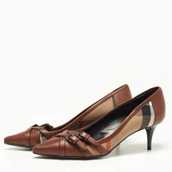 Pre Owned Burberry Brown/Beige House Check Canvas and Leather Pointed Toe Buckle Pumps Size 38
