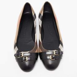 Burberry Brown/Black Nova Check Canvas and Leather Buckle Detail Ballet Flats Size 39.5