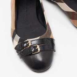 Burberry Brown/Black Nova Check Canvas and Leather Buckle Detail Ballet Flats Size 39.5