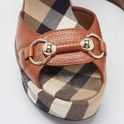مملوكة مسبقًا Burberry Brown Leather Check Heel Wedge Sandals Size 37