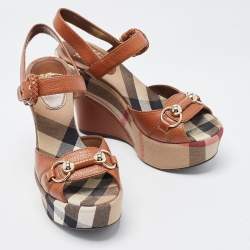 مملوكة مسبقًا Burberry Brown Leather Check Heel Wedge Sandals Size 37