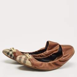 Pre Owned Burberry Brown Nova Check Canvas and Leather Twistlock Scrunch Ballet Flats Size 41