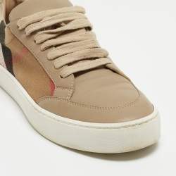 Burberry Beige/Brown House Check Canvas and Leather Low-Top Sneakers Size 37
