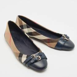 Burberry Beige/Navy Blue Canvas and Leather Buckle Ballet Flats Size 39