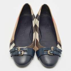 Burberry Beige/Navy Blue Canvas and Leather Buckle Ballet Flats Size 39