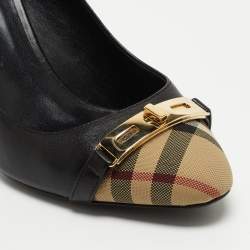 Pre Owned Burberry Black/Beige Canvas and Leather Cap Top Pumps Size 38