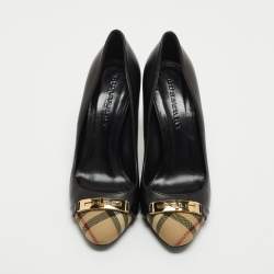 Pre Owned Burberry Black/Beige Canvas and Leather Cap Top Pumps Size 38