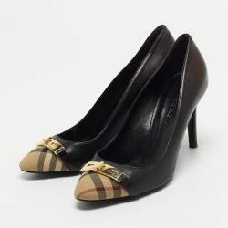 Pre Owned Burberry Black/Beige Canvas and Leather Cap Top Pumps Size 38
