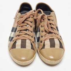 Burberry Brown Leather and Nova Check Canvas Low Top Sneakers Size 38
