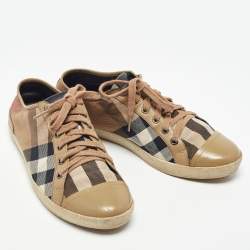 Burberry Brown Leather and Nova Check Canvas Low Top Sneakers Size 38