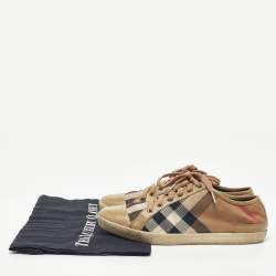Burberry Brown Leather and Nova Check Canvas Low Top Sneakers Size 38