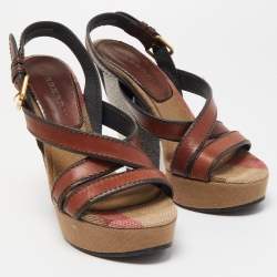 Burberry Brown Canvas and Leather Wedge Sandals Size 38