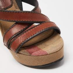 Burberry Brown Canvas and Leather Wedge Sandals Size 38
