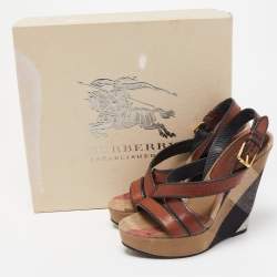 Burberry Brown Canvas and Leather Wedge Sandals Size 38