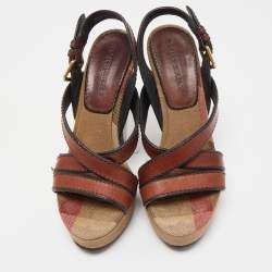 Burberry Brown Canvas and Leather Wedge Sandals Size 38
